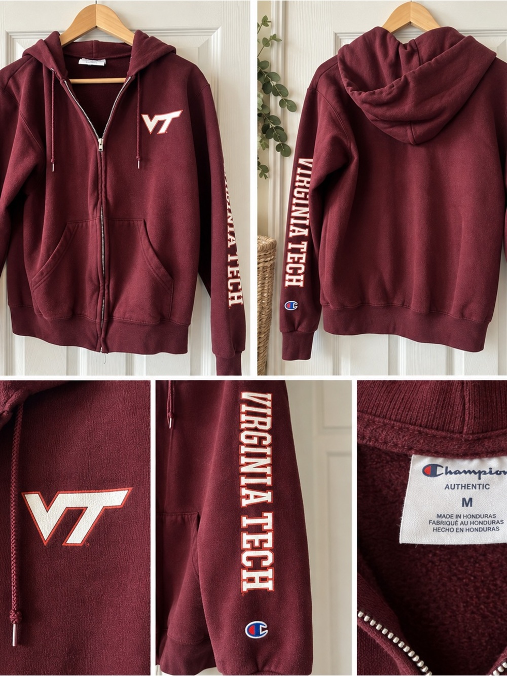 Champion Maroon Virginia Tech Full-Zip Hoodie, size medium